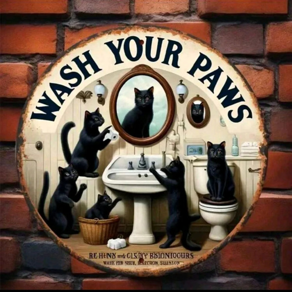 Home bath decor black cats in bathroom Wash Your Paws circular metal wall sign - Picture 4 of 4